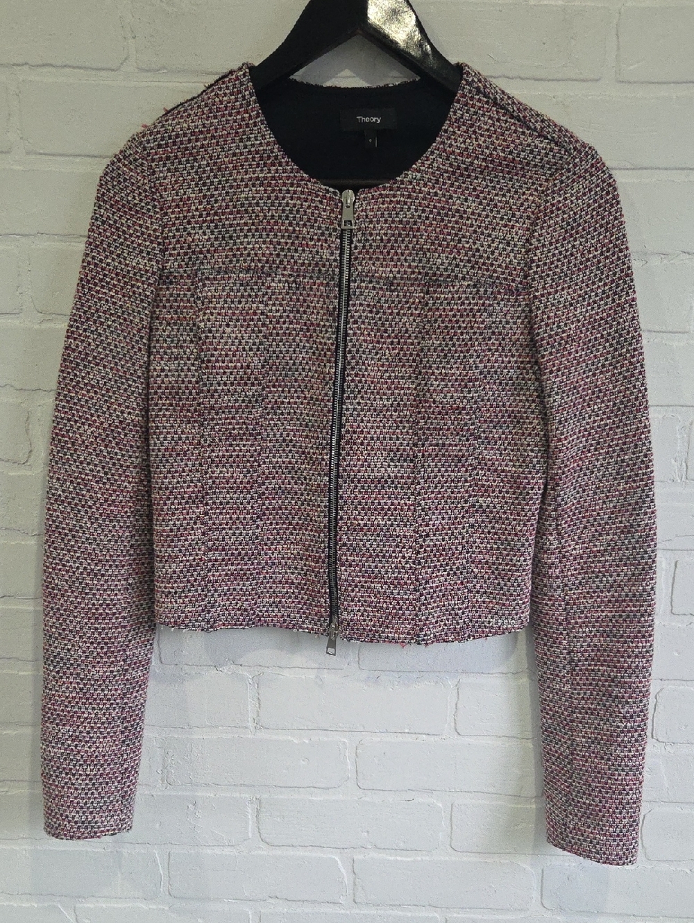 Theory Cropped Pink-Blend Tweed Zip Jacket
